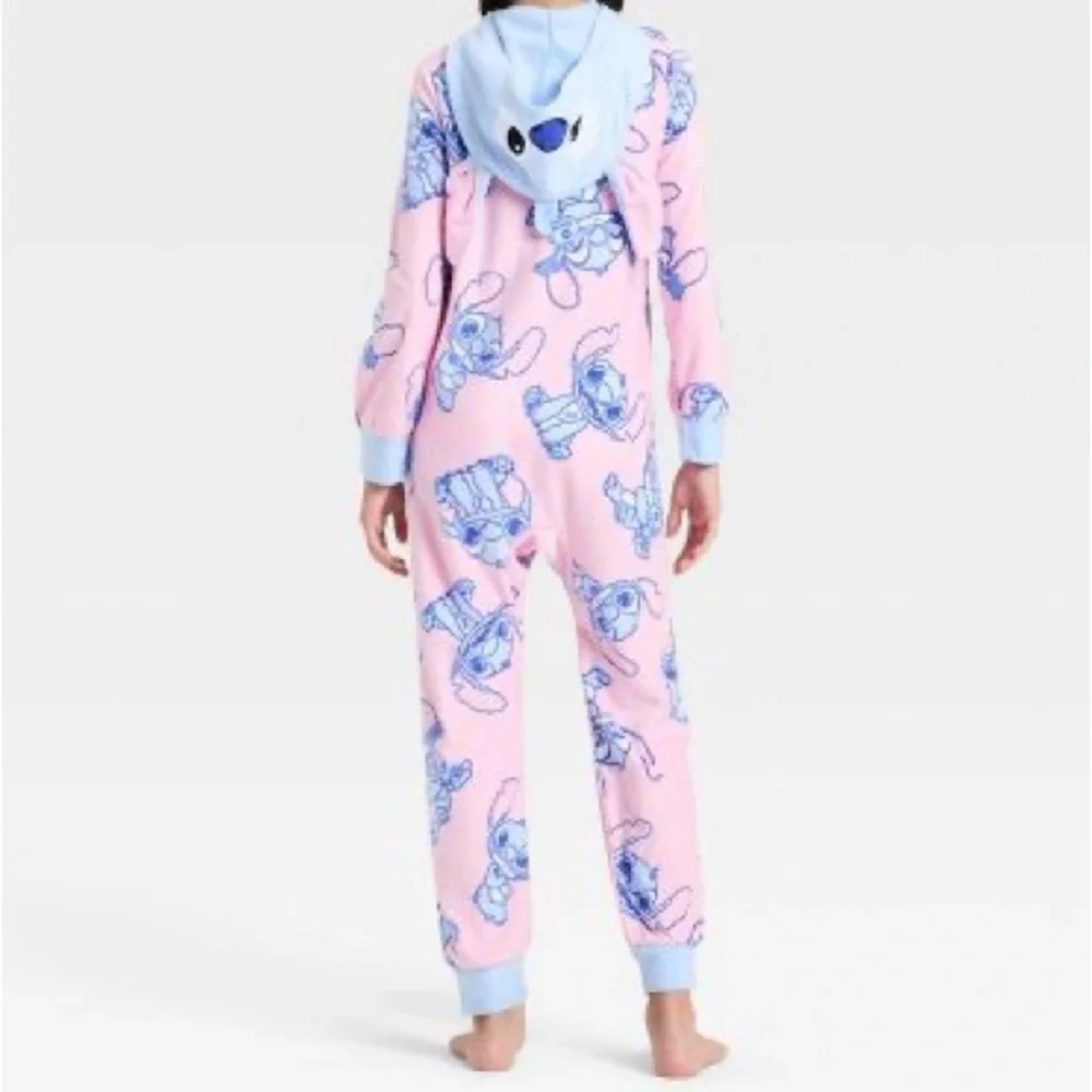Disney Pink & Blue Lilo & Stitch Hooded Kids One-Piece Footie Size XS